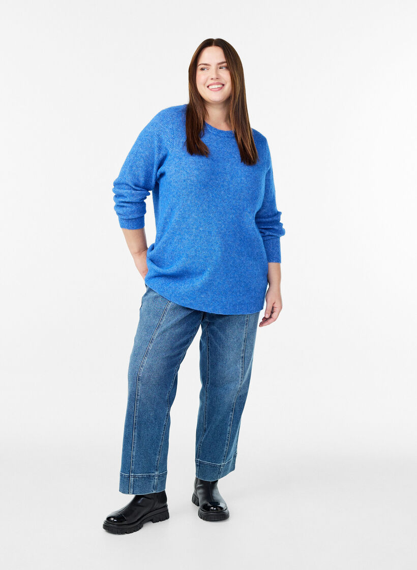 Melierte Strickbluse mit Rundhalsausschnitt, Blau, Model image number 1