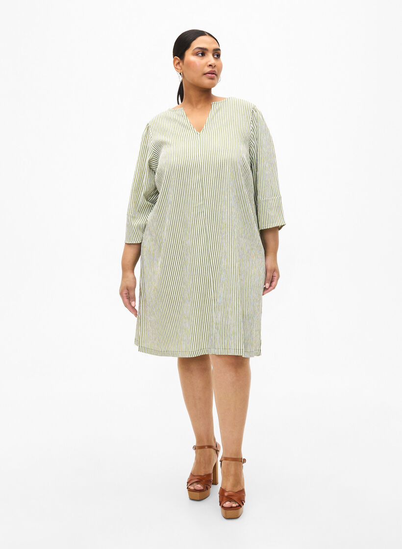 Gestreiftes Kleid mit 3/4-Ärmeln, Green Stripe, Model image number 2