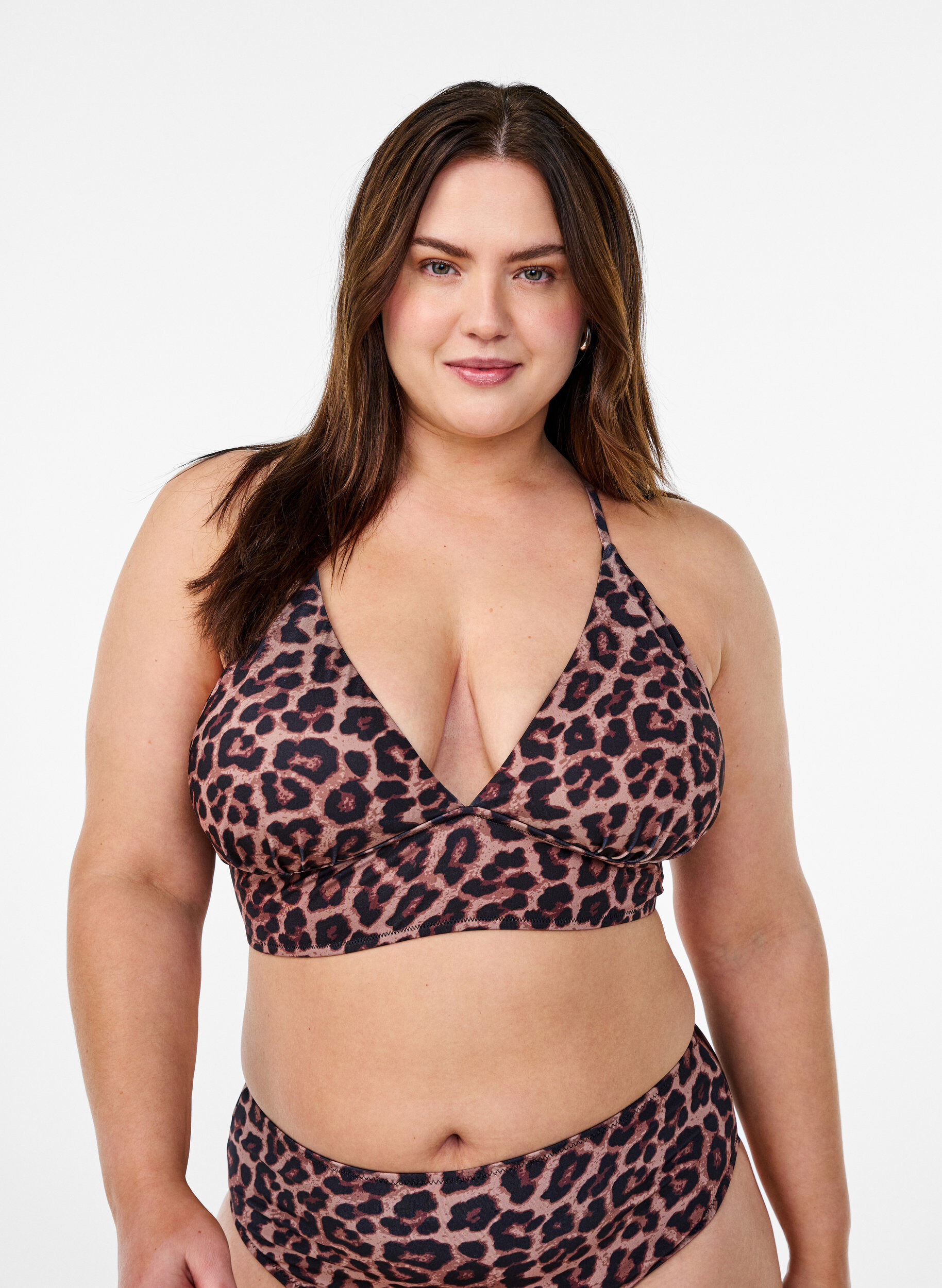 Bikinioberteil mit Leopardenmuster und Bindeb&auml;ndern, Braun, Model