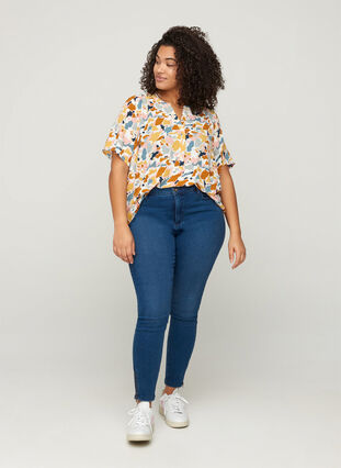 Bluse mit kurzen Ärmeln und V-Ausschnitt, Multicolor AOP, Model image number 2