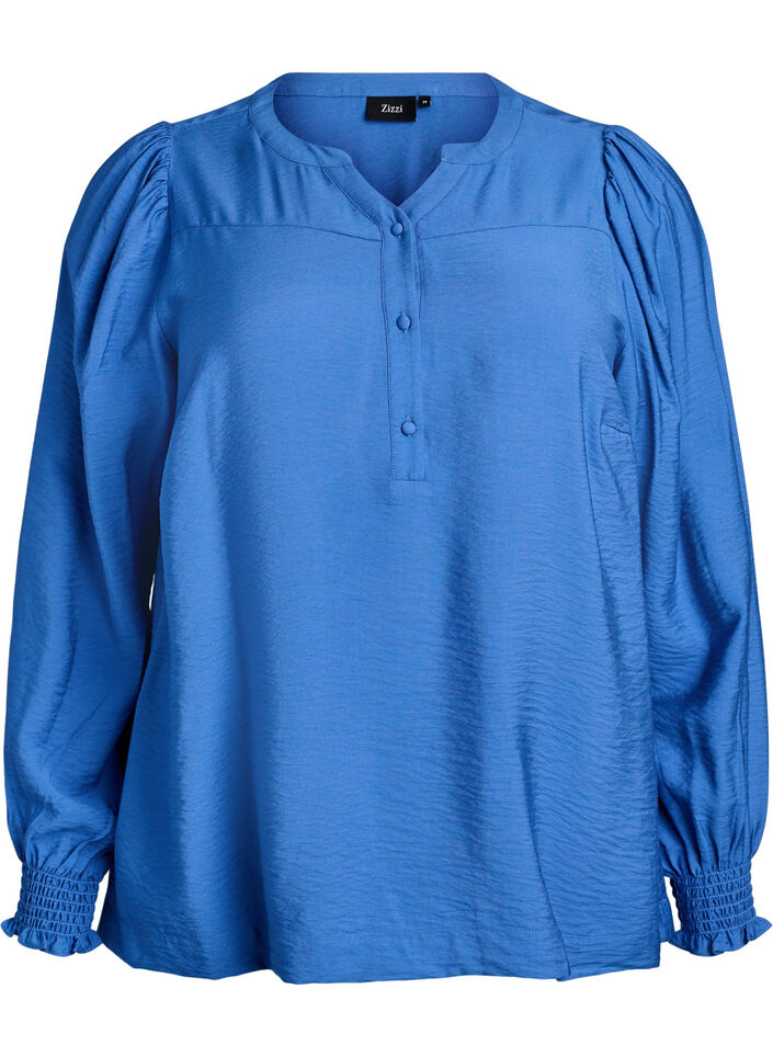 Viskose-Bluse mit Puff&auml;rmeln und gerafften Details, Blau, Packshot image number 0