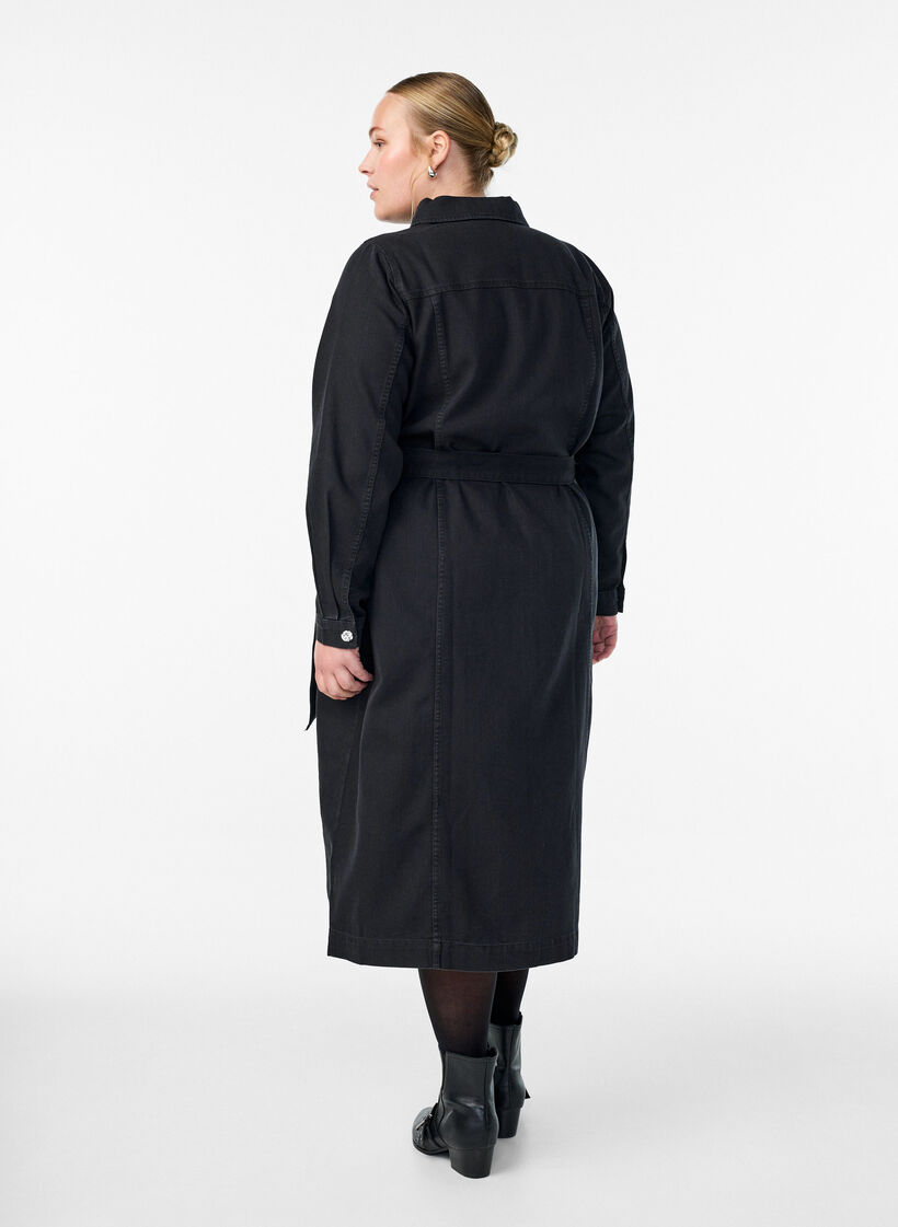 Jeans-Midikleid mit Gürtel und Zierknöpfen, Schwarz, Model image number 2