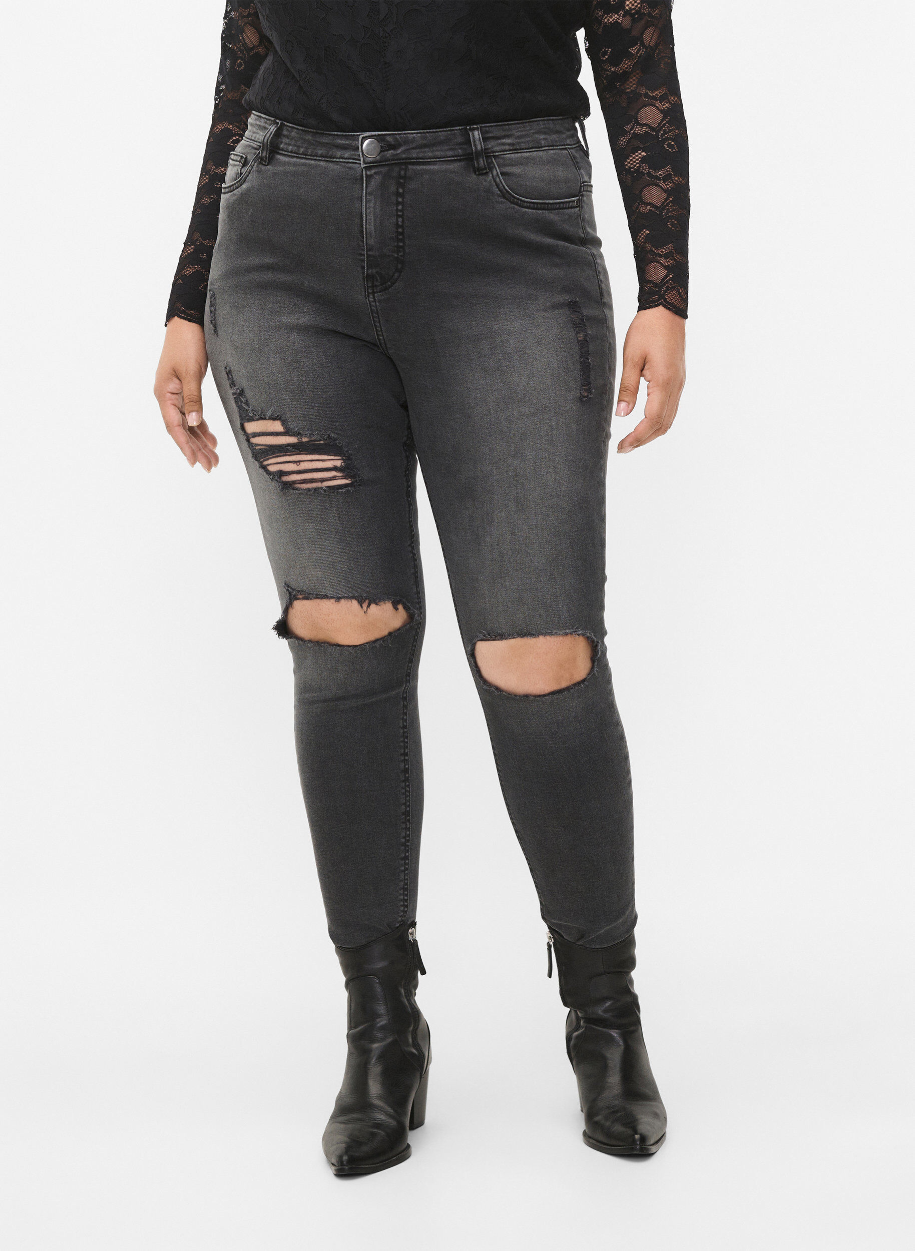Zizzi Eng anliegende Jeans mit Schlitzen, Grey Denim, Model image number 2