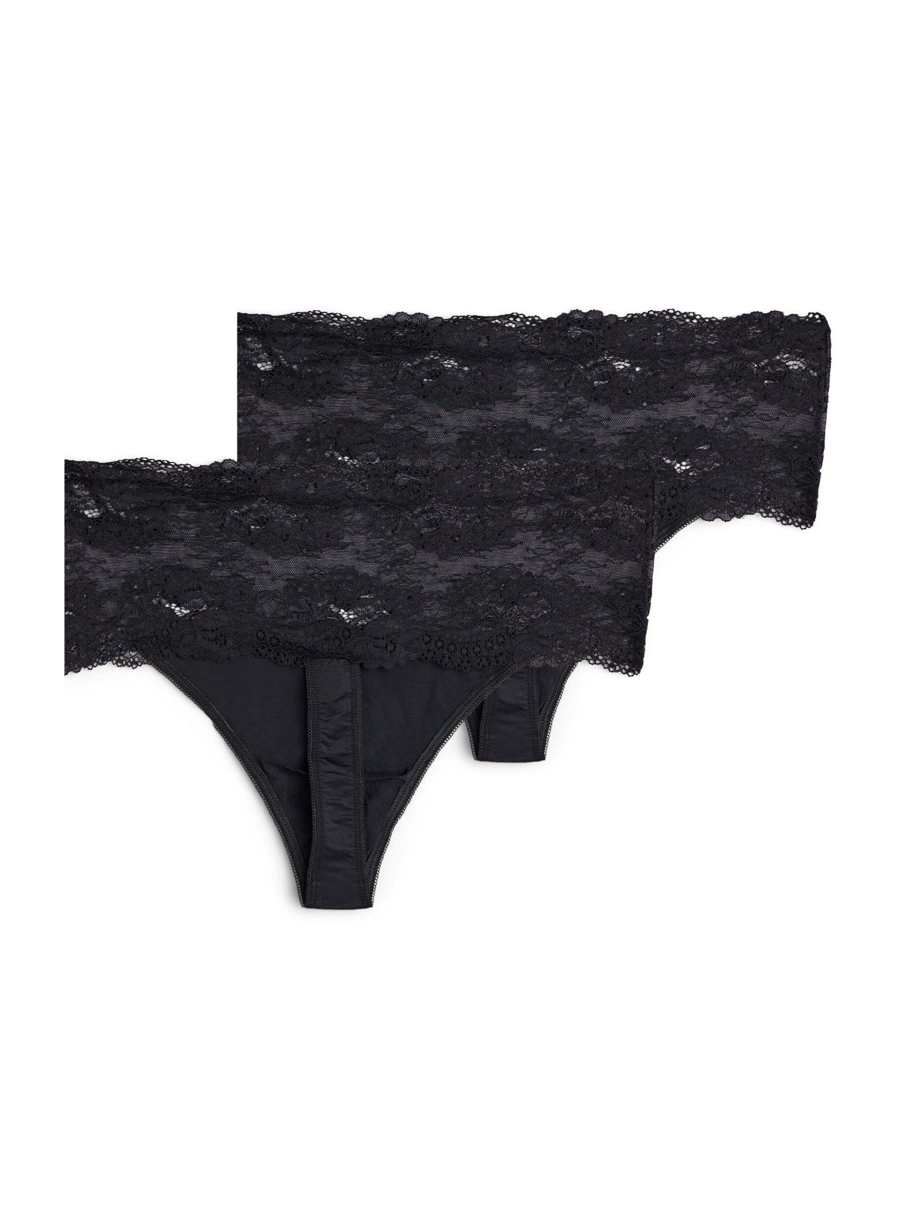 Zizzi 2er-Pack Tanga mit breitem Spitzenrand, Schwarz, Packshot image number 1