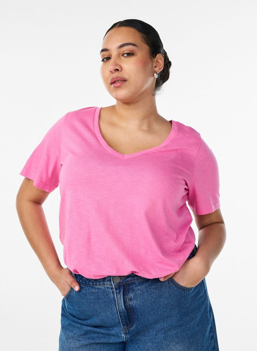 Kurz&auml;rmeliges Basic T-Shirt mit V-Ausschnitt, Pink, Model image number 0