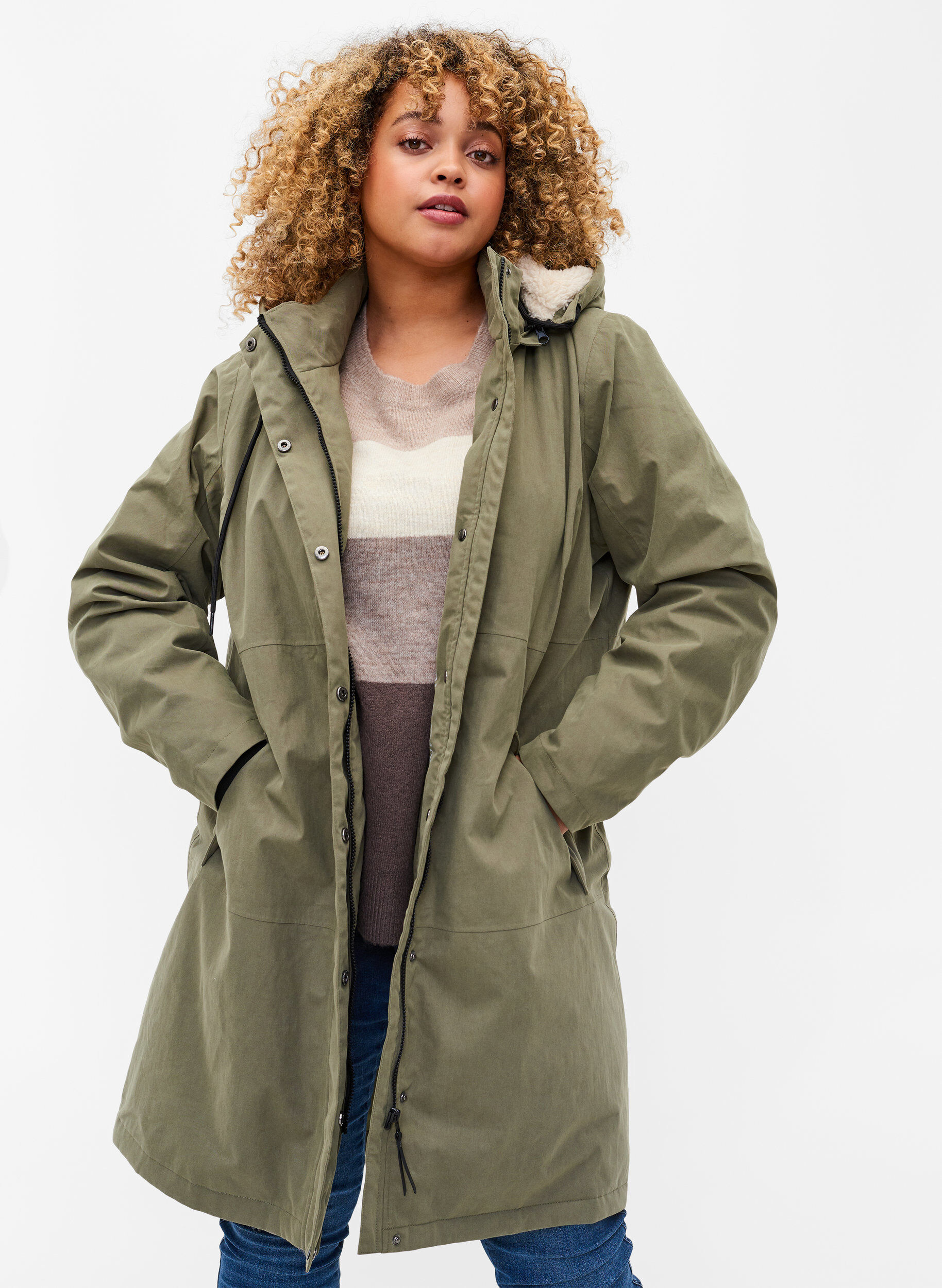 Zizzi Wasserdichte Jacke mit abnehmbarer Kapuze, Dusty Olive, Model image number 0