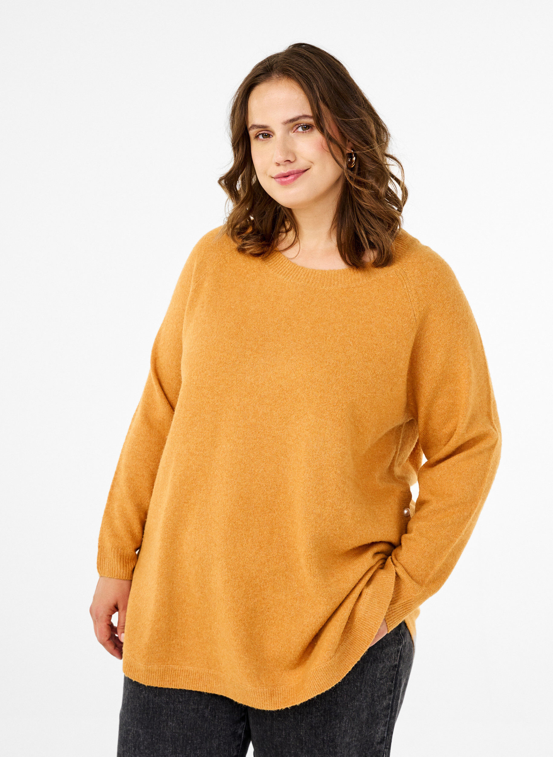 Zizzi Strickbluse mit Perlendetails, Yam White Mel., Model image number 0