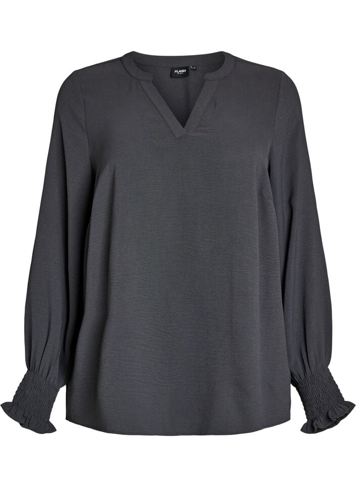 Bluse mit Smockb&uuml;ndchen und V-Ausschnitt, Grau, Packshot image number 0