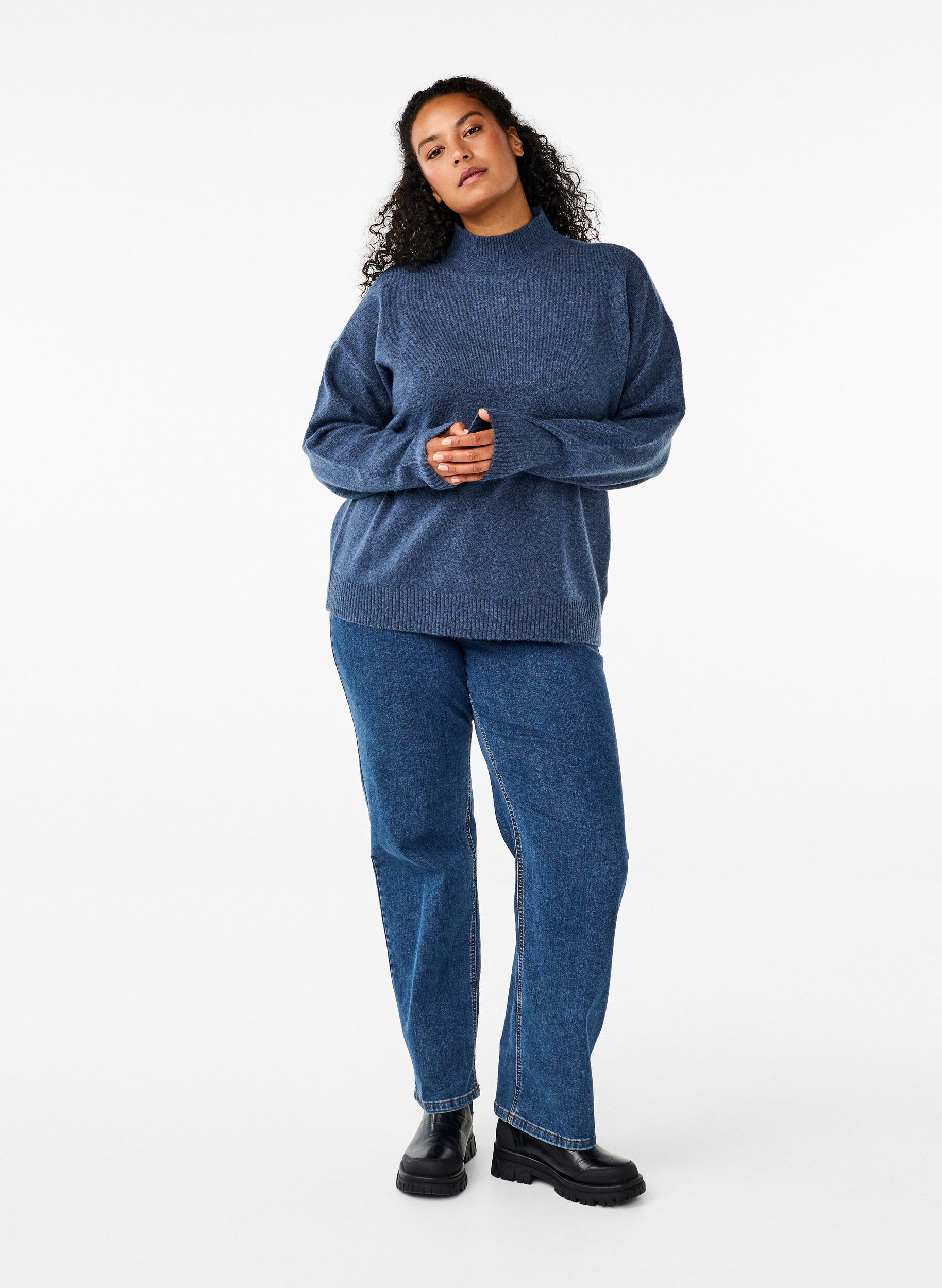 Zizzi Gestrickte Wollbluse mit hohem Kragen, Bering Sea Mel., Model image number 2