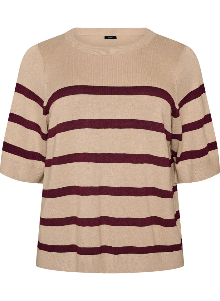 Gestreiftes Stricktop mit kurzen &Auml;rmeln, Beige, Packshot image number 0