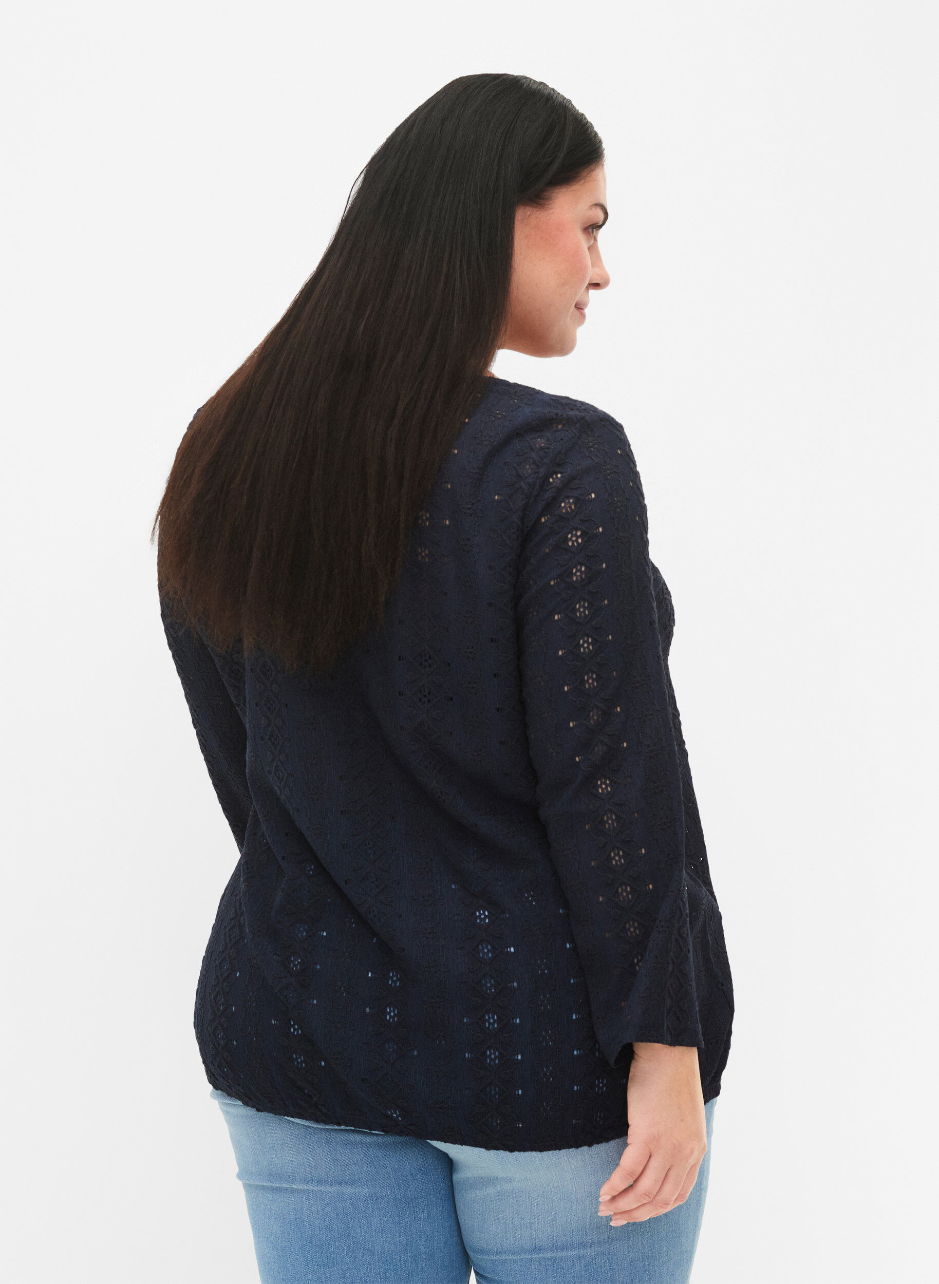 Zizzi Bluse mit Anglaise-Stickerei und 7/8-&Auml;rmeln, Navy Blazer, Model image number 1