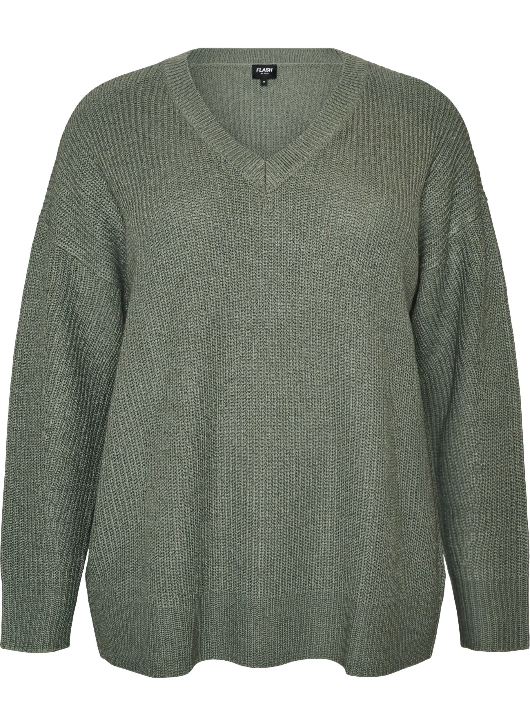 ZizziLange Rippstrickbluse mit V-Ausschnitt, Gr&uuml;n, Packshot image number 0