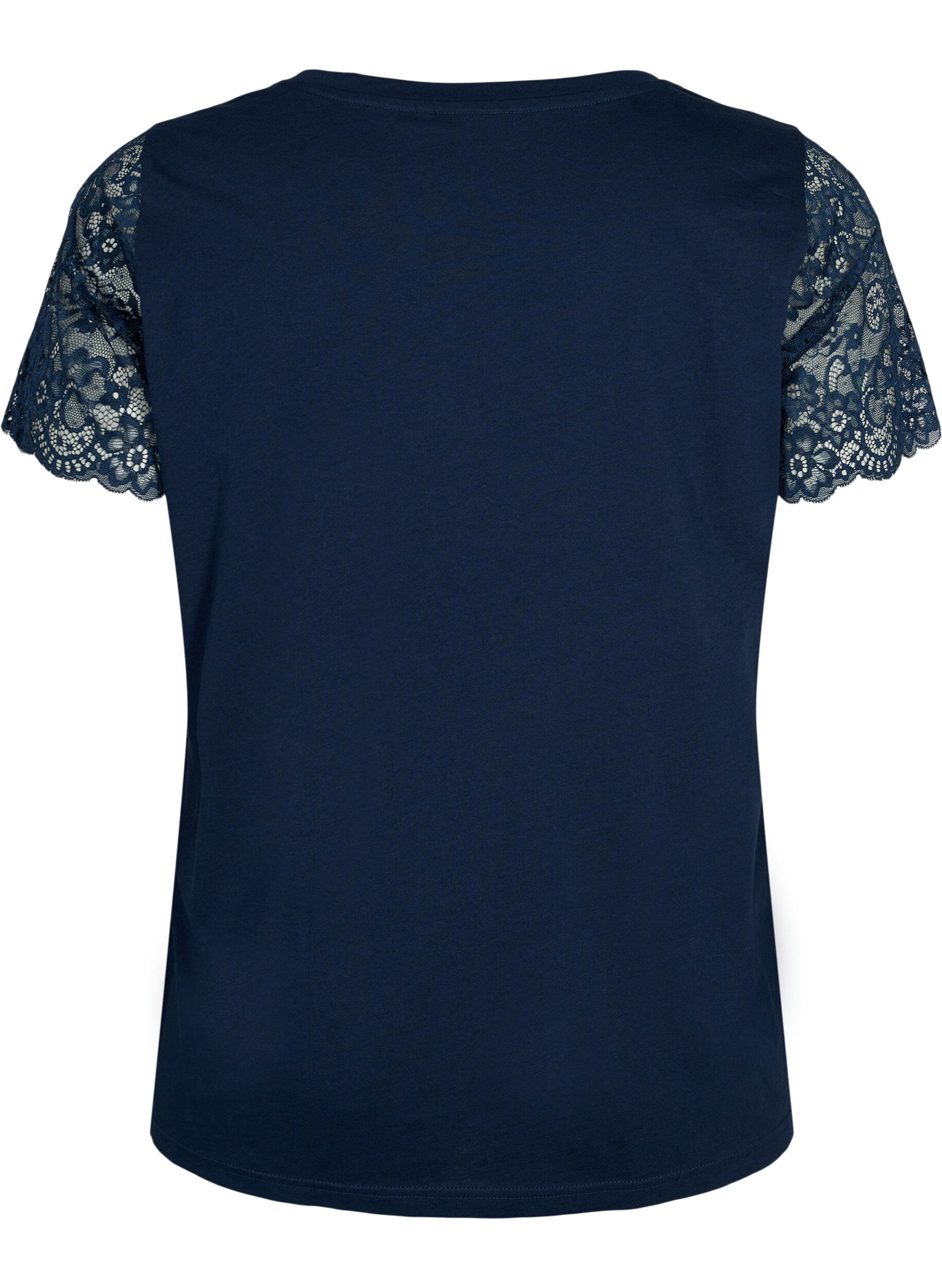 Zizzi T-Shirt aus Baumwolle mit kurzen Spitzen&auml;rmeln, Blau, Packshot image number 1