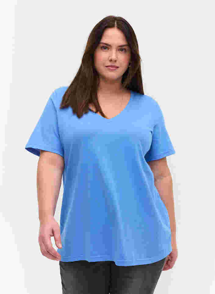 T-Shirt aus Bio-Baumwolle mit V-Ausschnitt, Ultramarine, Model image number 0