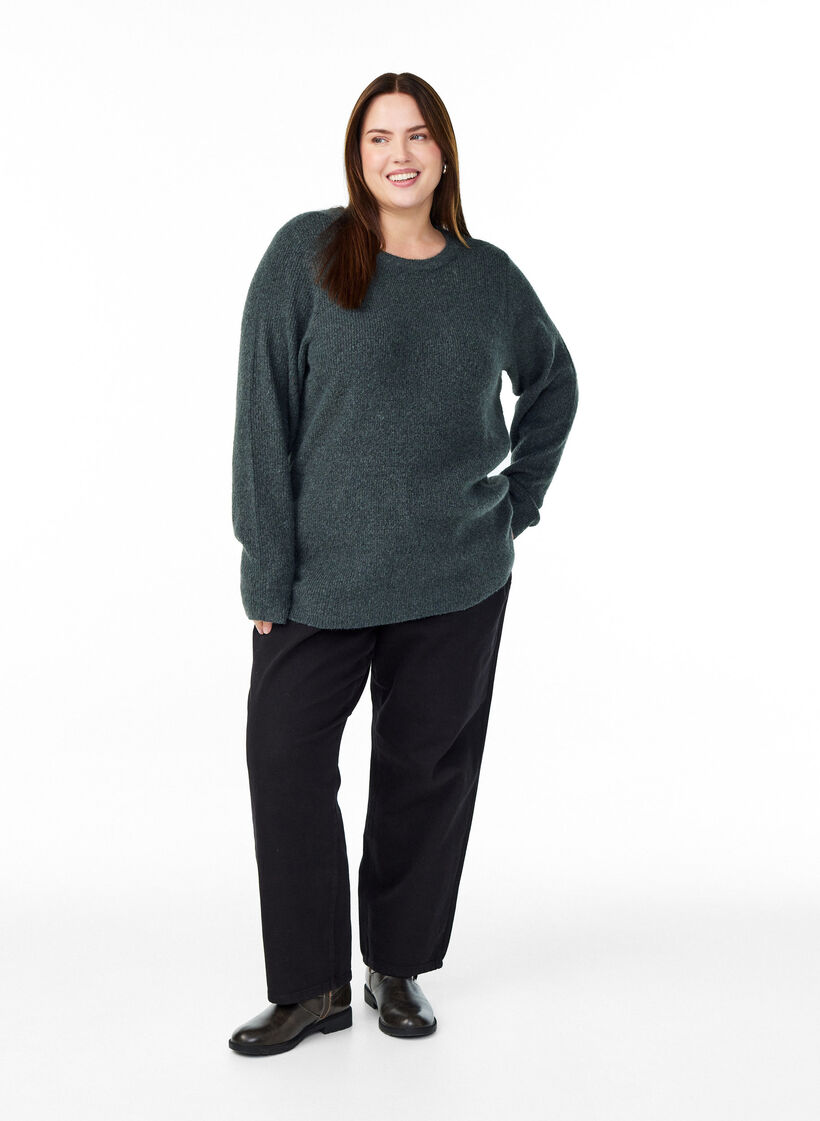 Melierte Strickbluse mit Rundhalsausschnitt, Gr&uuml;n, Model image number 1