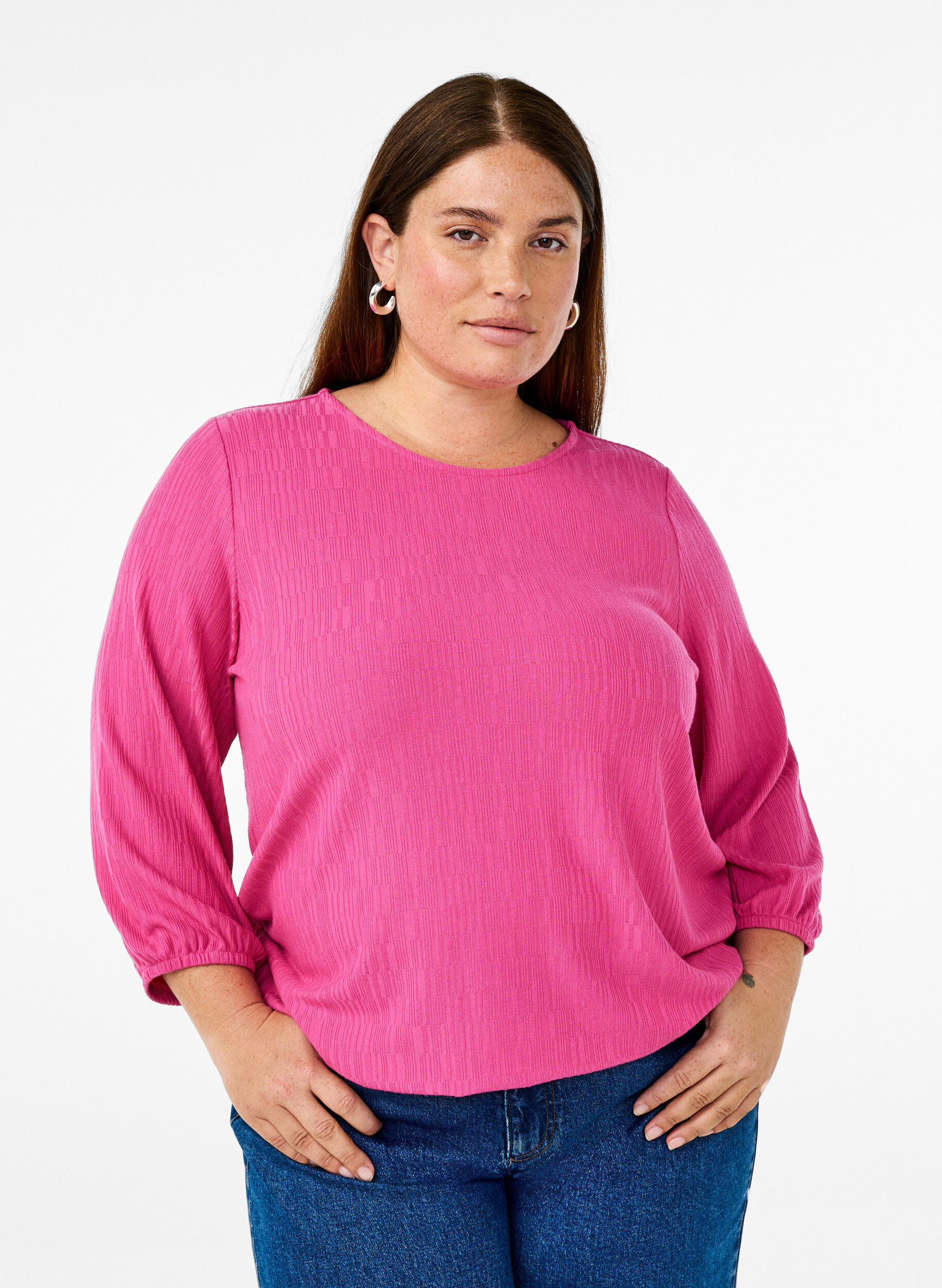 Bluse mit Struktur und 3/4-&Auml;rmeln, Rot, Model