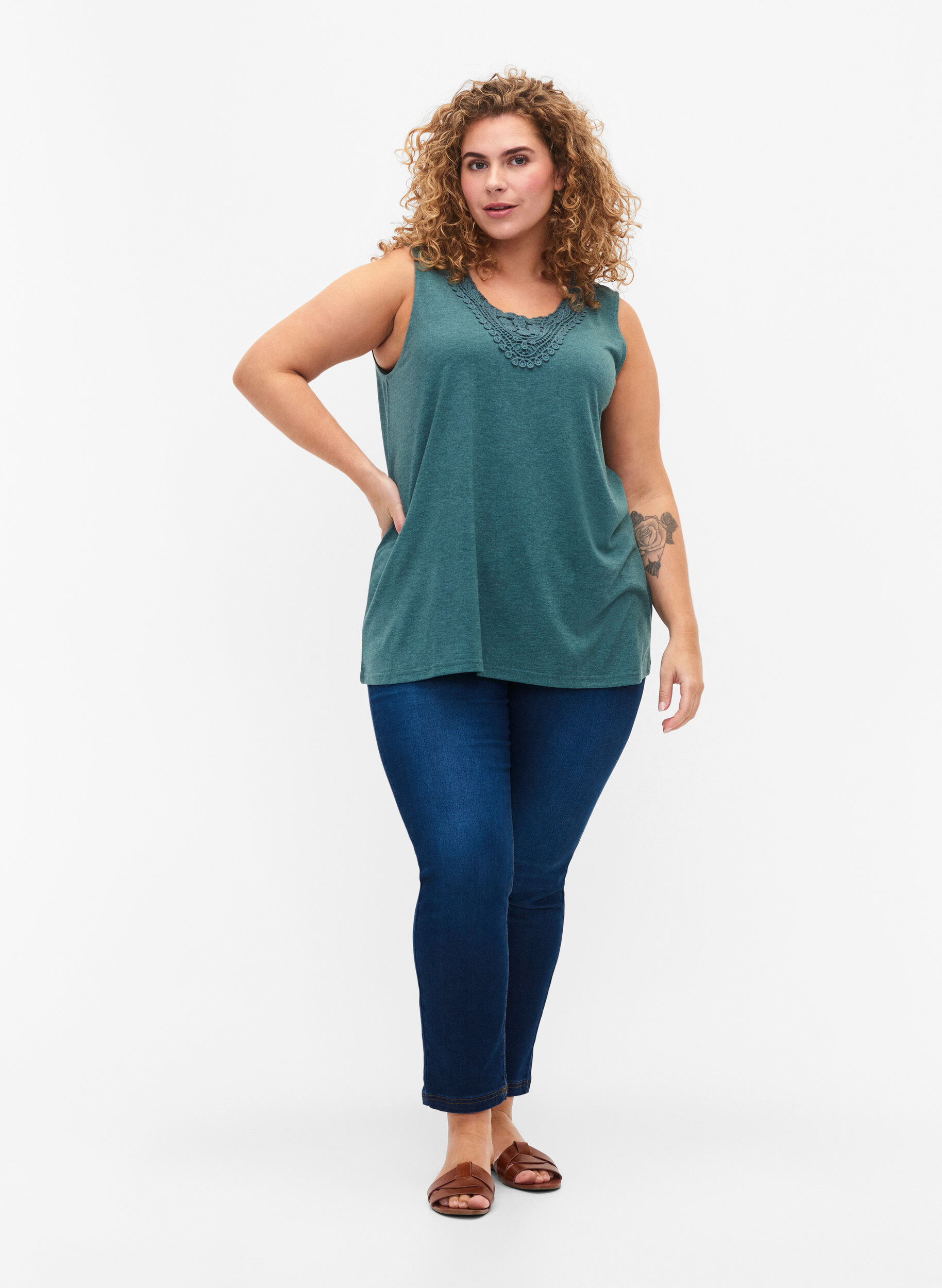 Zizzi &Auml;rmelloses Top mit Spitze, Sea Pine Melange, Model image number 2