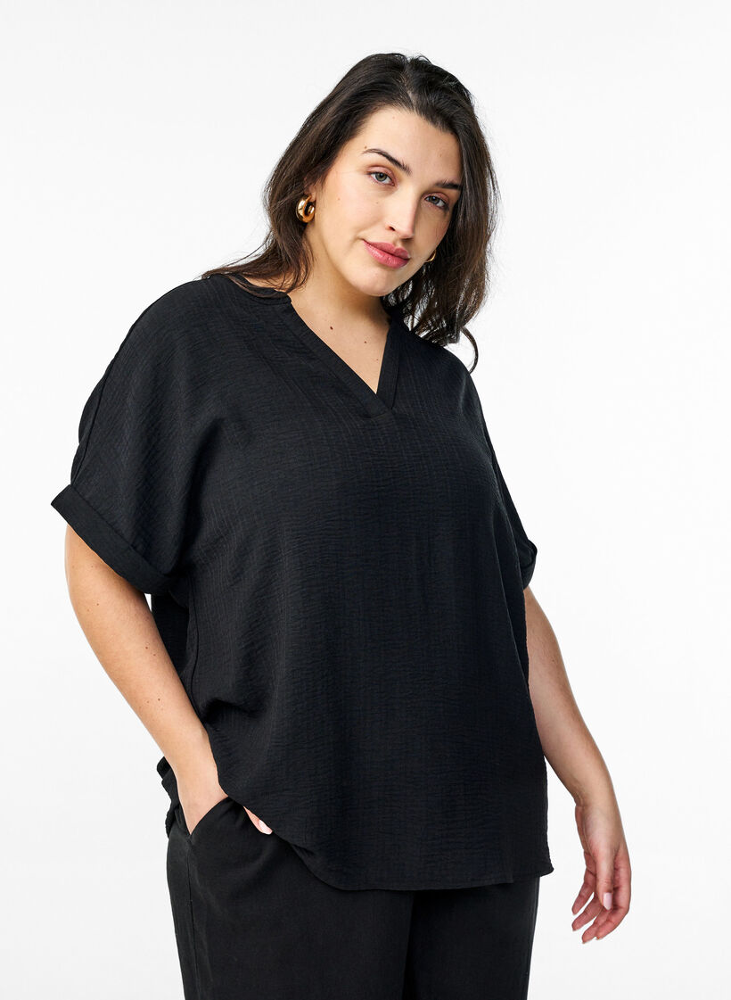 Lockere Bluse mit kurzen Ärmeln, Schwarz, Model image number 0