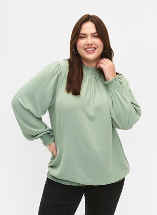 Einfarbige gesmokte Bluse mit langen Ärmeln, Green Bay, Model image number 0