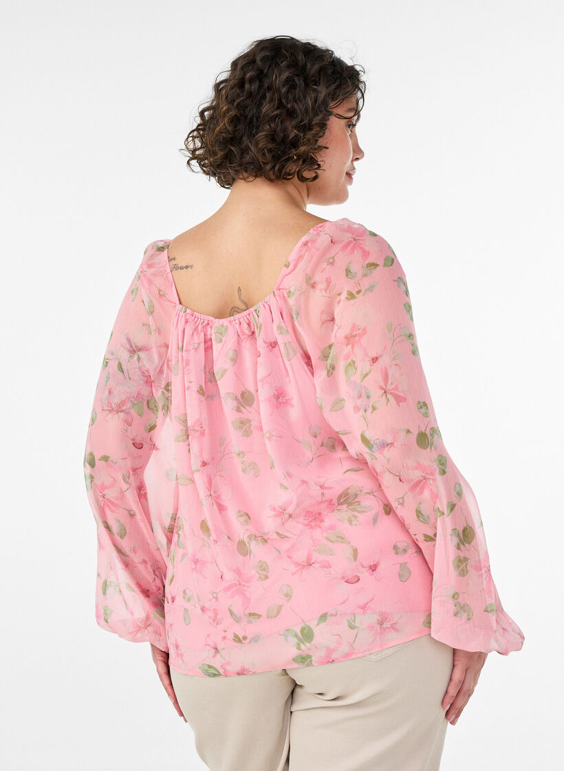 Bluse aus Chiffon mit gebl&uuml;mtem Print und langen &Auml;rmeln, Rot, Model image number 2