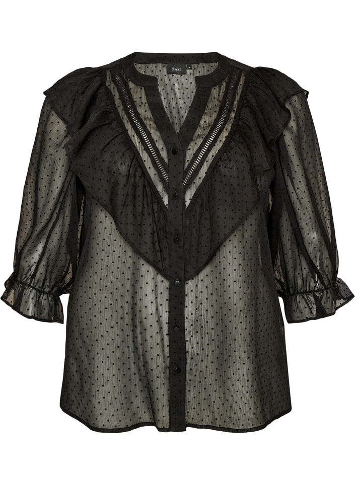 Transparente Hemdbluse mit Punkten und R&uuml;schendetails, Schwarz, Packshot image number 0