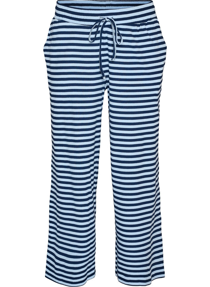 Gestreifte Schlafanzughose mit hoher Taille und weiten Beinen, Blau, Packshot image number 0