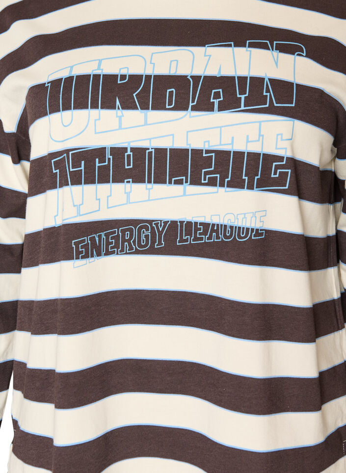 Gestreifte Bluse aus Jersey mit sportlichem Textprint, Braun, Packshot image number 2