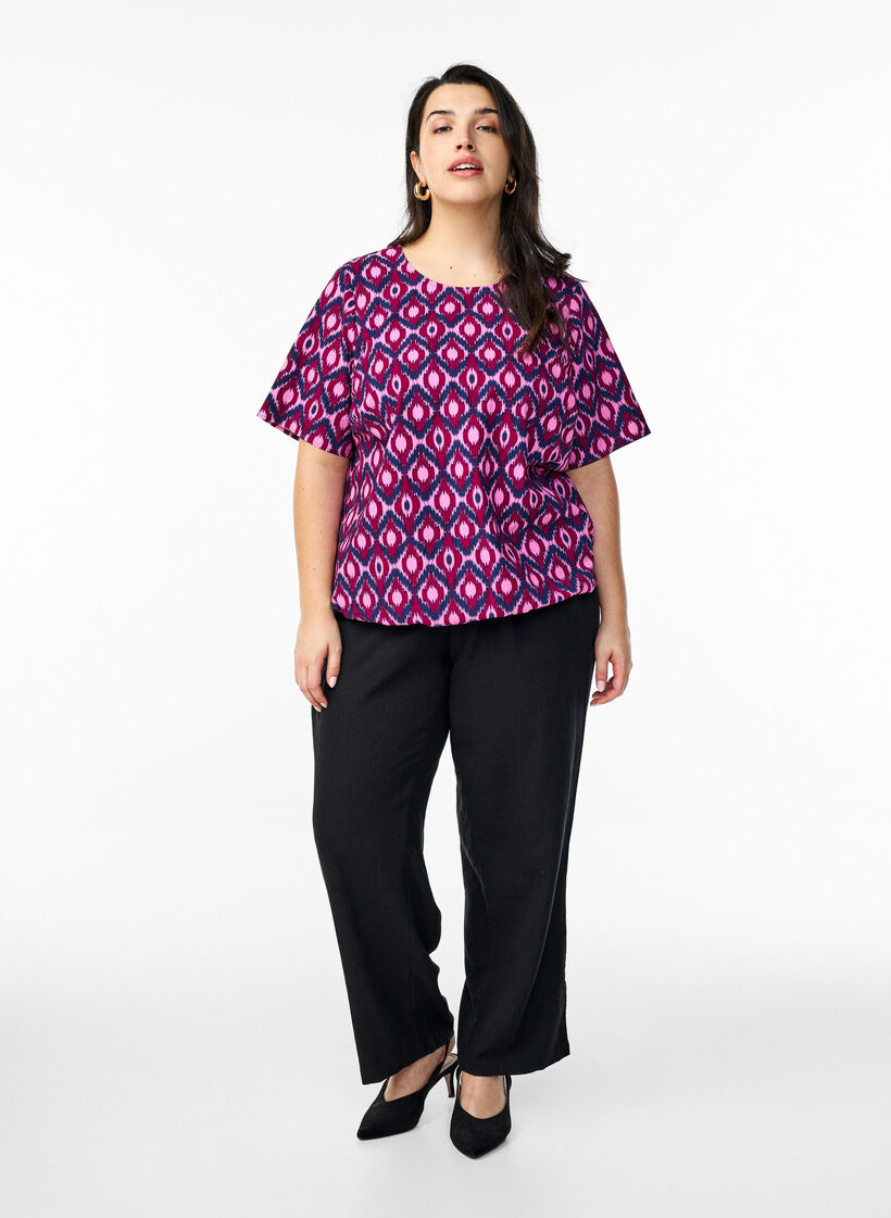 Baumwoll-Bluse mit Print und kurzen Ärmeln, Pink, Model image number 1