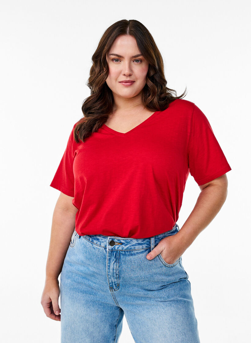 Kurz&auml;rmliges Basic-T-Shirt mit V-Ausschnitt, Rot, Model image number 0