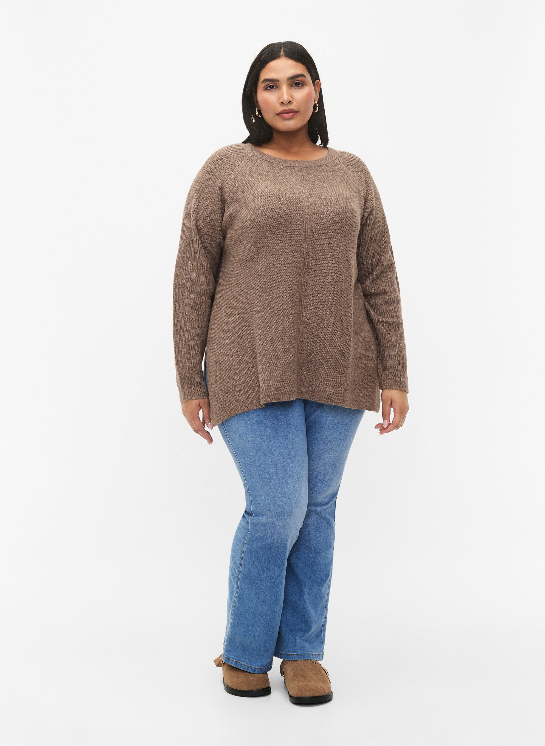 Zizzi Melange-Pullover mit Seitenschlitz, Walnut/White Mel., Model image number 2
