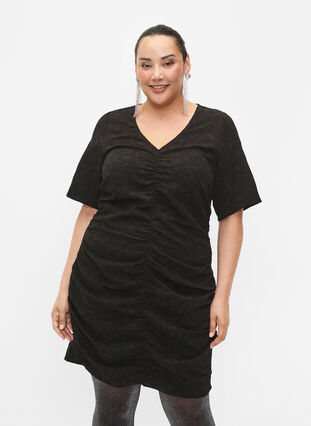Kurzärmeliges Kleid mit strukturiertem Stoff und Drapierungen, Black, Model image number 0