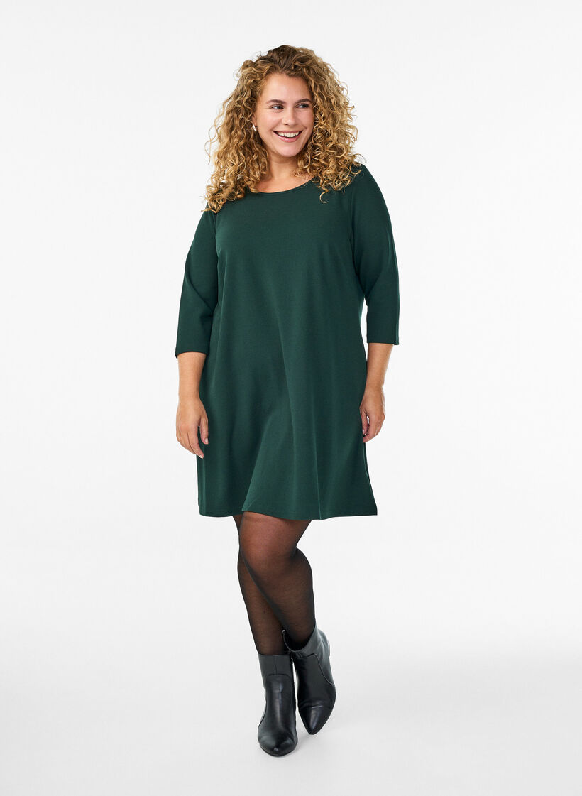 Kurz geschnittenes A-Linien Kleid aus Webstoff mit 3/4 &Auml;rmeln, Gr&uuml;n, Model image number 1