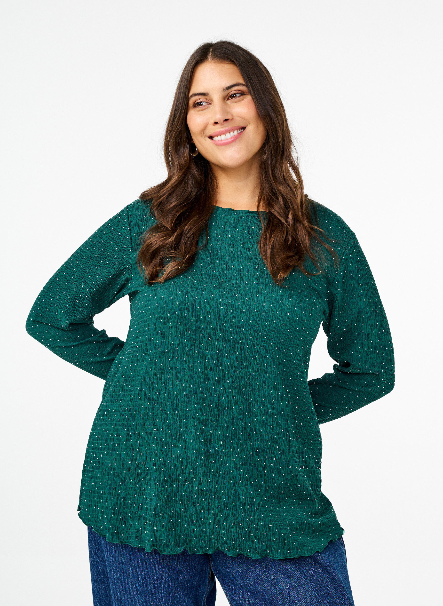Zizzi Lang&auml;rmlige Bluse mit Strasssteinen, Gr&uuml;n, Model image number 0