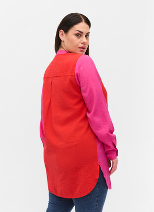 Lange Hemdbluse mit Color-Block, Pink Red Block, Model image number 1