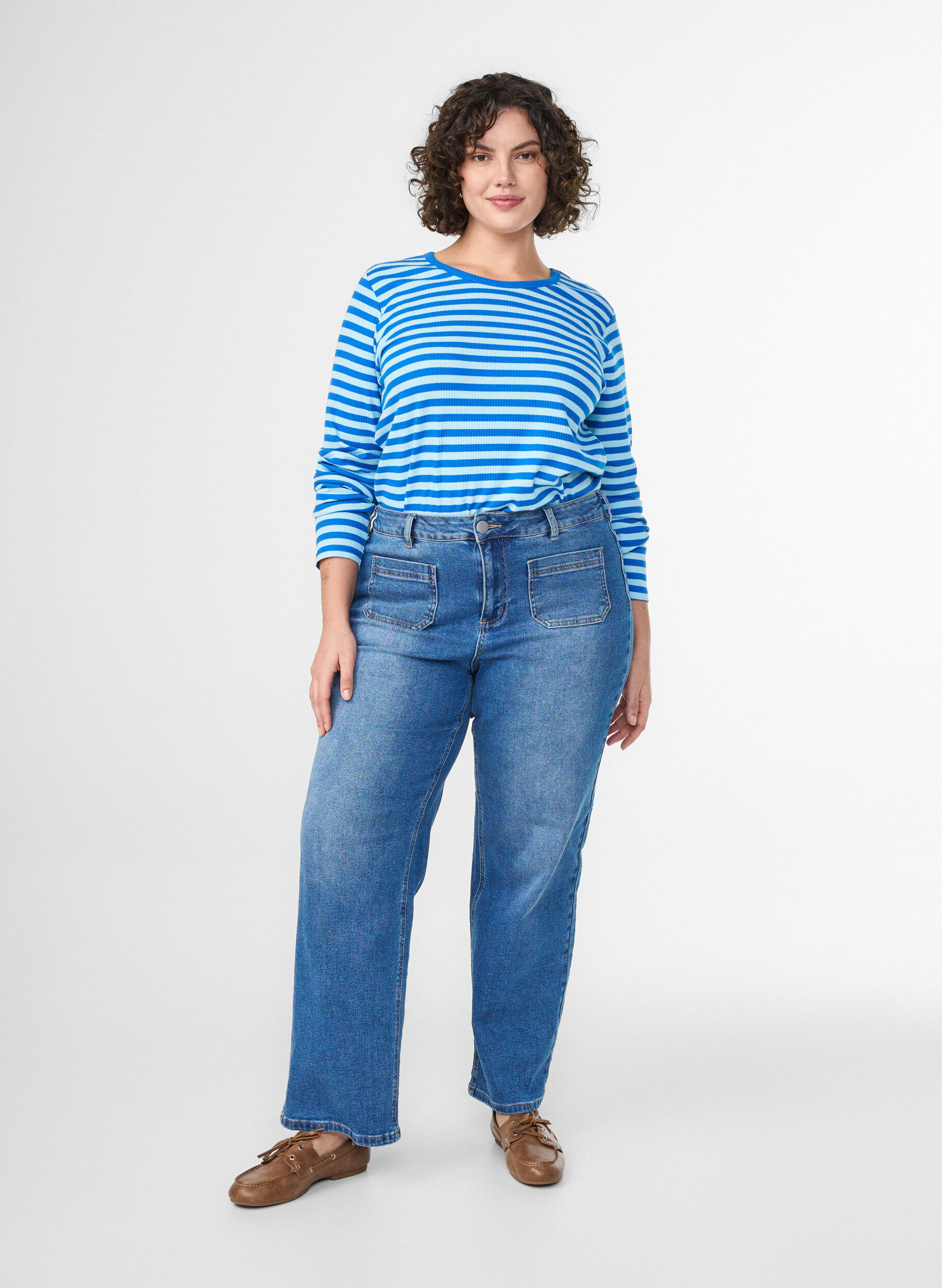 Zizzi Gestreifte Bluse mit langen &Auml;rmeln., Blau, Model image number 1