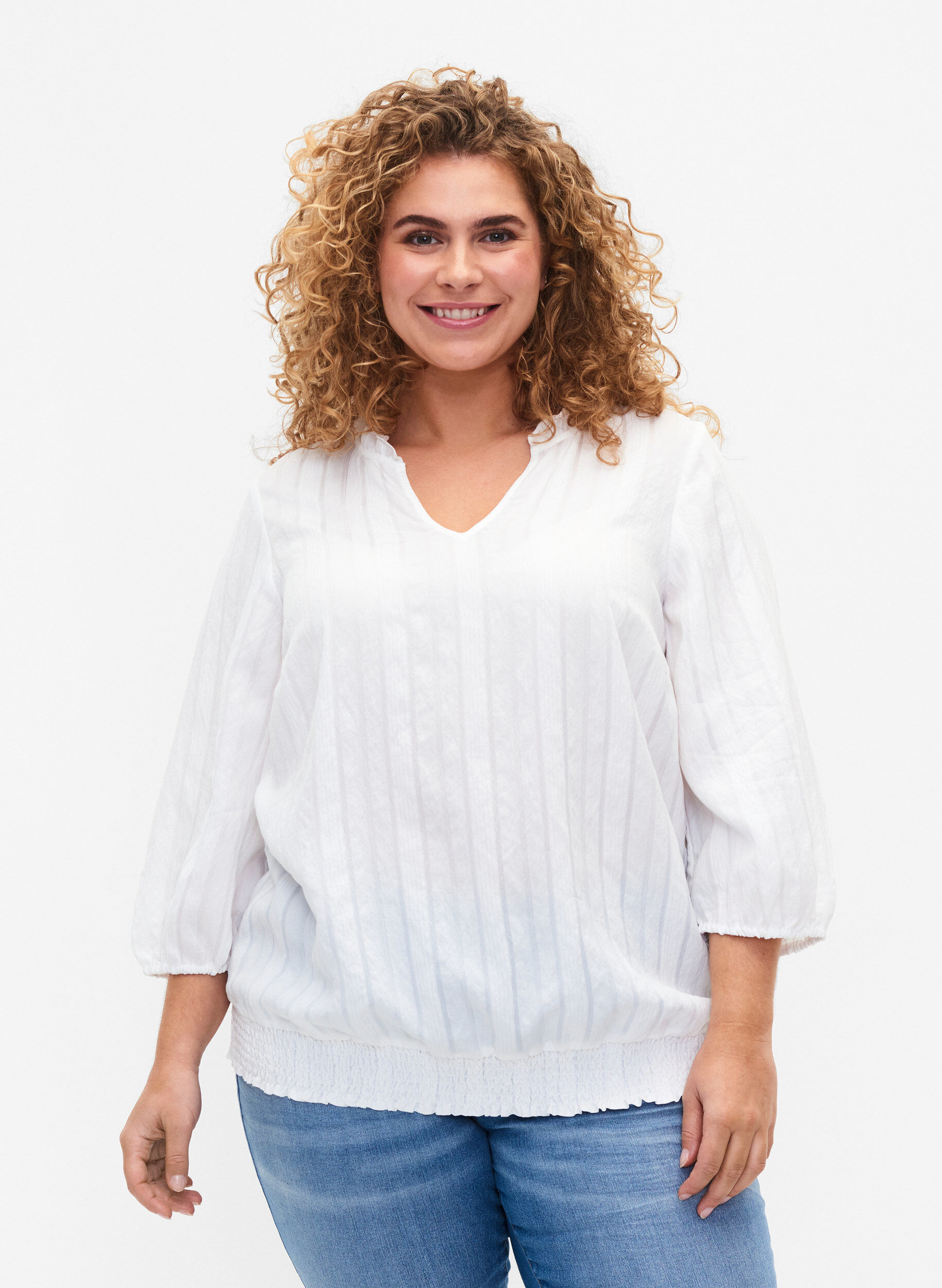 Zizzi Viskose Bluse mit 3/4 &Auml;rmeln und Smock, Bright White, Model image number 0
