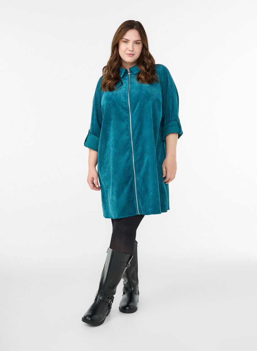 Cordkleid mit Rei&szlig;verschluss und 3/4-&Auml;rmeln, Gr&uuml;n, Model image number 1