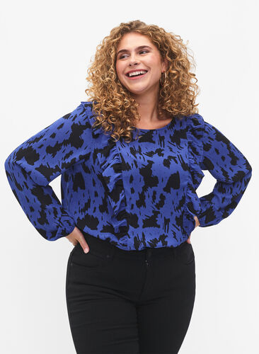 Langärmelige Bluse mit Rüschen, Black Blue AOP, Model image number 0