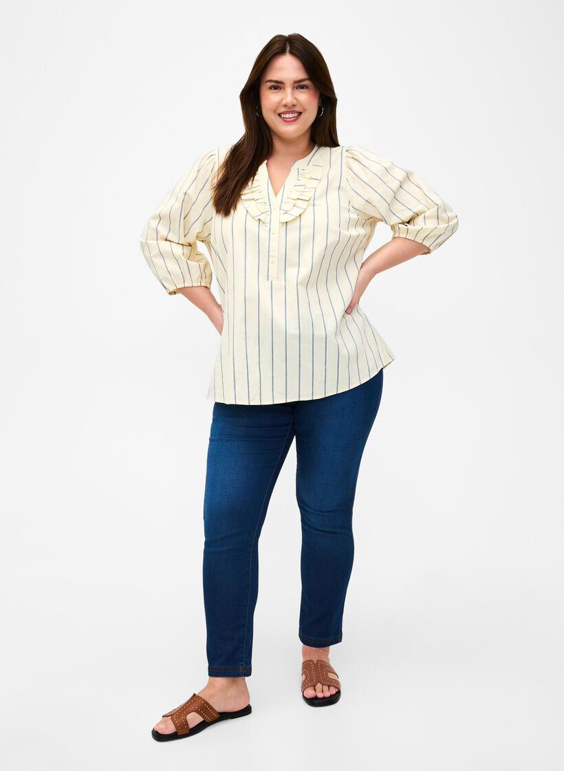  Baumwollbluse mit 3/4-Ärmeln und Streifen, Eggnog Stripe, Model image number 2