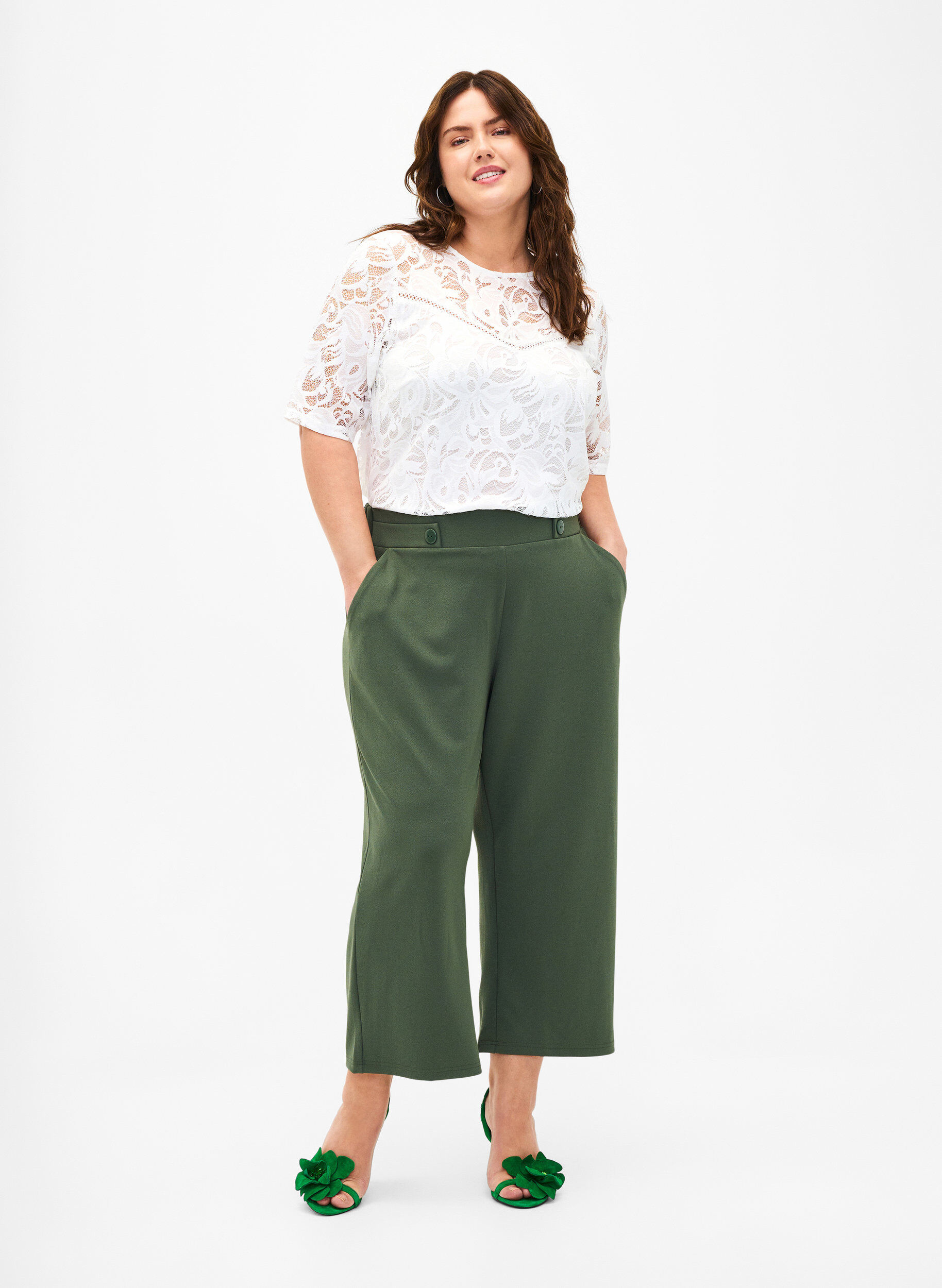 Zizzi Bluse mit Spitze und kurzen &Auml;rmeln, Bright White, Model image number 2
