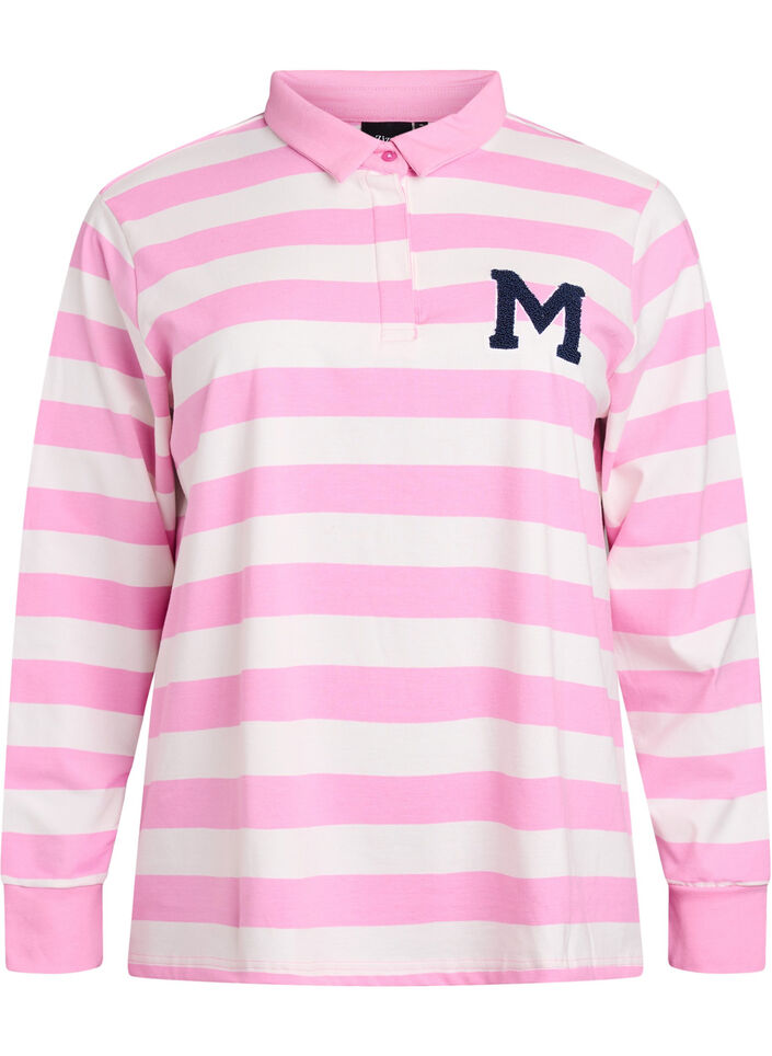 Poloshirt mit Streifen und Frotteedetails, Bubblegum w. White, Packshot image number 0