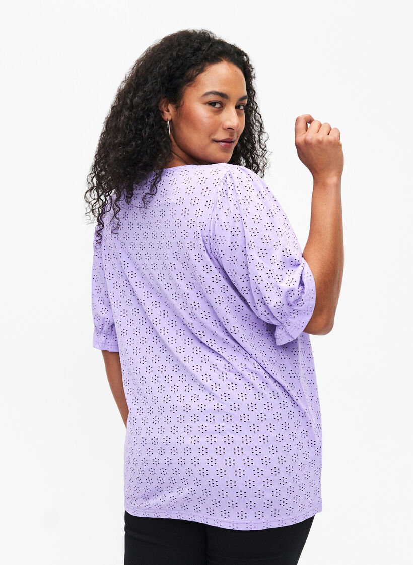 Bluse mit V-Ausschnitt und Lochmuster, Viola, Model image number 1