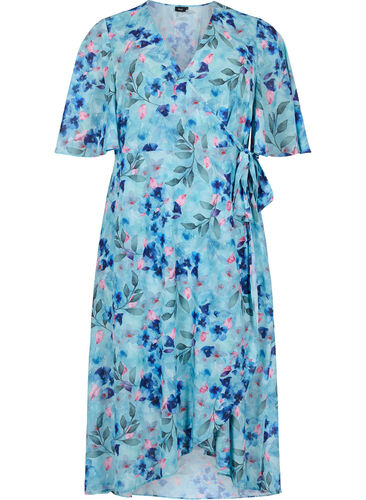 Kurzärmeliges Wrap-Kleid mit Blumenprint, Trellis AOP, Packshot image number 0