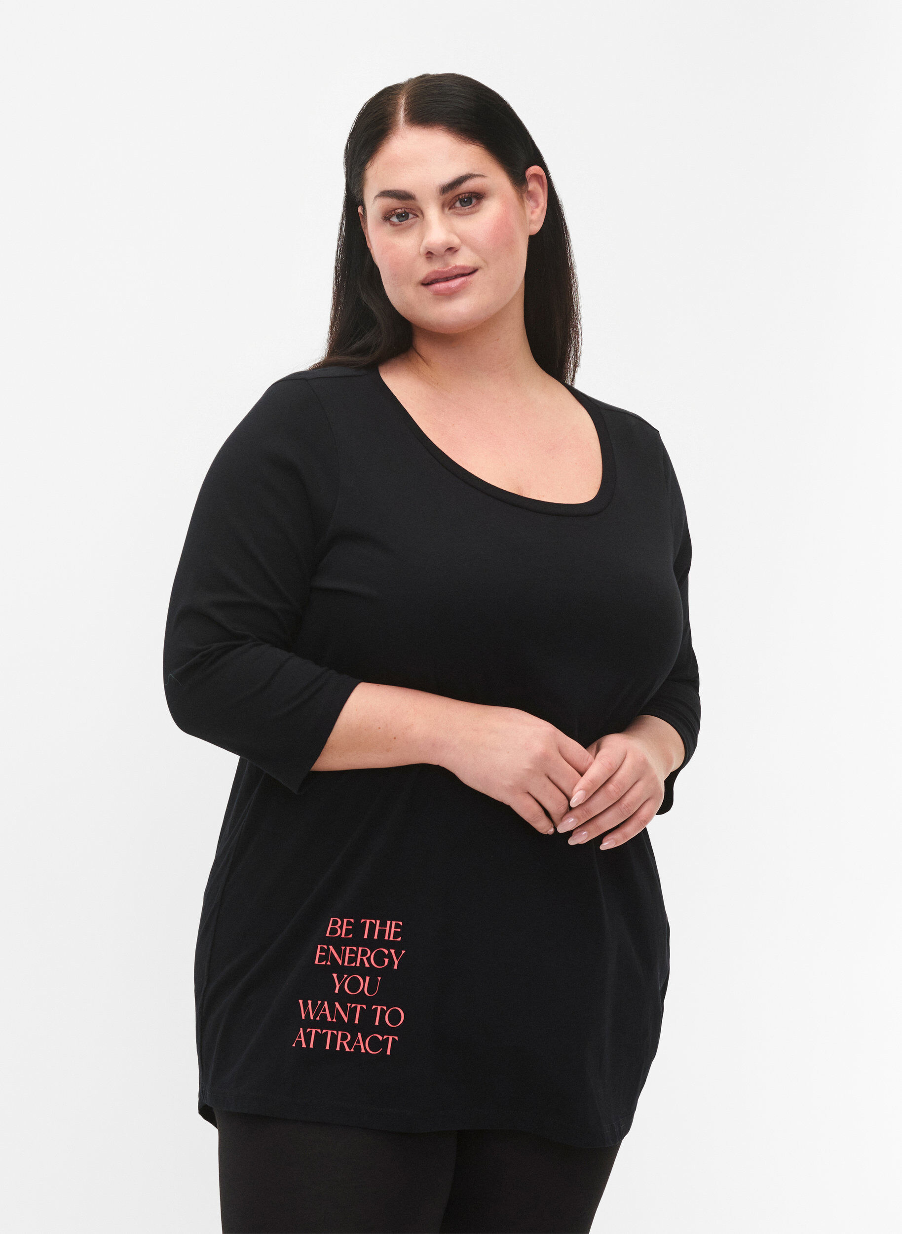 Zizzi Baumwoll-T-Shirt mit 3/4 &Auml;rmeln, Black, Model image number 0