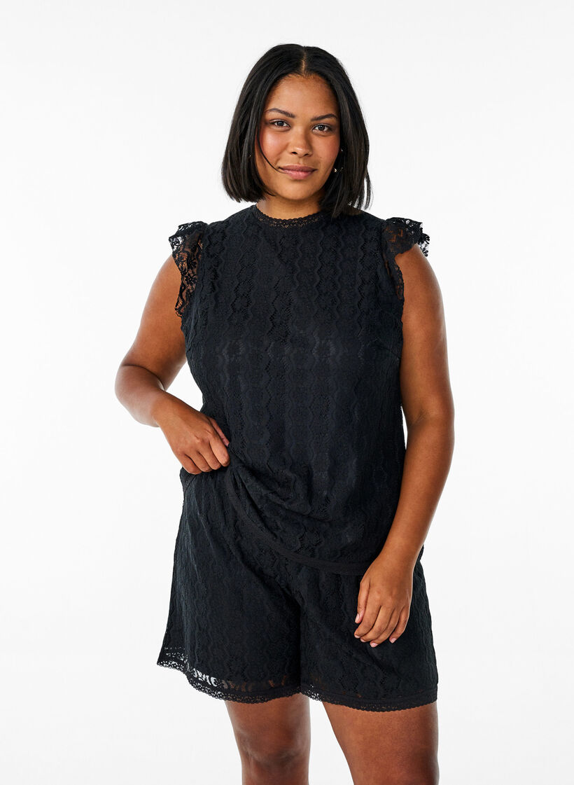 Spitzenshorts mit hohem Taille, Schwarz, Model image number 0