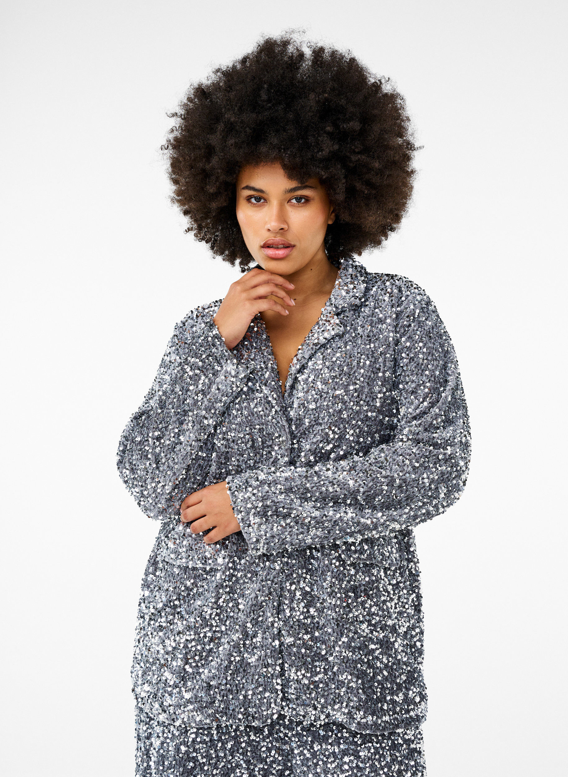 Zizzi Paillettenblazer mit Taschen, Silver, Model image number 0