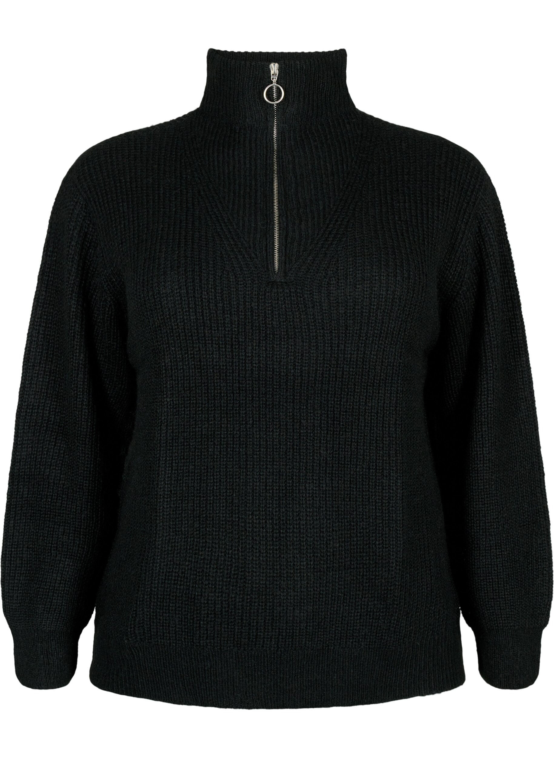 ZizziStrickpullover mit hohem Kragen und Rei&szlig;verschluss, Schwarz, Packshot image number 0