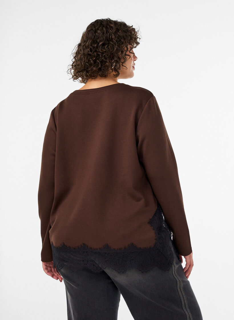 Bluse aus Jersey mit Spitzen, Braun, Model image number 2