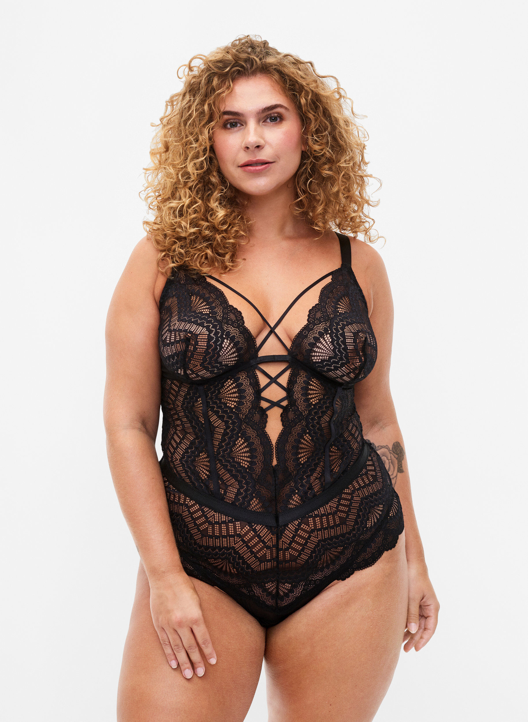 Zizzi Bodystocking aus Spitze mit Schn&uuml;ren, Schwarz, Model image number 0