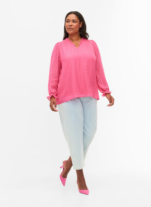 Bluse mit langen Ärmeln und Rüschendetails, Shocking Pink, Model image number 2